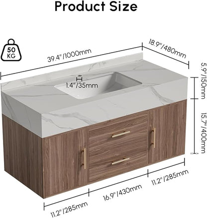 39.3" Floating Bathroom Vanity Set, Modern Wall-Mounted Vanity with Sintered Stone Countertop, Undermount Sink & Walnut Finish, Easy to Clean