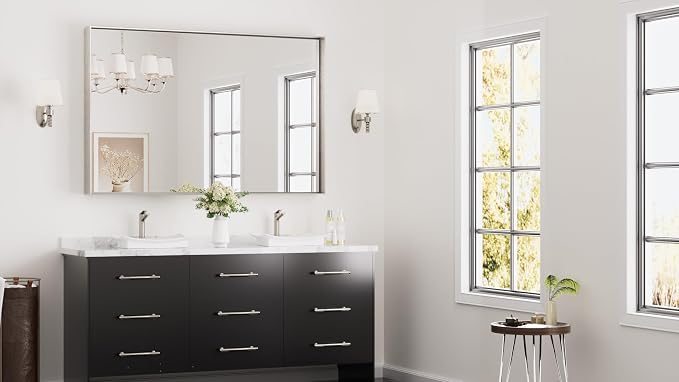 Keonjinn 55x36 Inch Nickel Bathroom Mirror for Over Sink, Rectangular | HD Tempered Glass, Vanity Mirror, Brushed Framed, Square Corner, Modern Farmhouse, Wall Mounted Mirrors, Aluminum Alloy