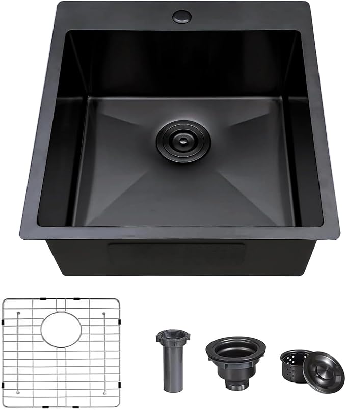 Comllen 18x18 Inch Drop in Black Bar Sink,Top Mount Handmade 16 Gauge Stainless Steel Small Black Kitchen Sink,9 Inch Deep Single Bowl Wet Bar Sink with Stainless Steel Grid & Strainer