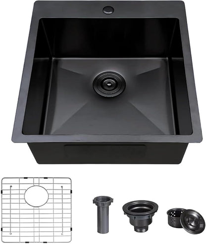 Comllen 18x18 Inch Drop in Black Bar Sink,Top Mount Handmade 16 Gauge Stainless Steel Small Black Kitchen Sink,9 Inch Deep Single Bowl Wet Bar Sink with Stainless Steel Grid & Strainer