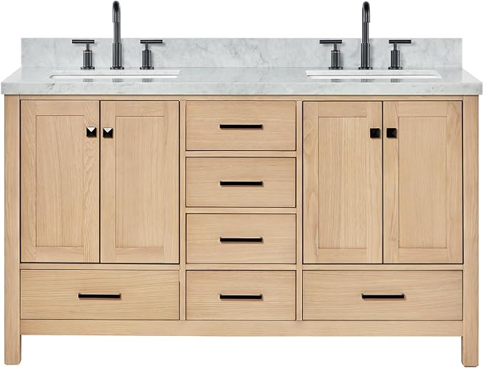 ARIEL Cambridge 60-inch Bathroom Vanity with Sink,Solid Wood, 1.5-inch Italian Carrara Marble Countertop, Double Rectangular Porcelain Sink, 4 Soft Closing Doors, 6 Dovetail Drawers, White Oak