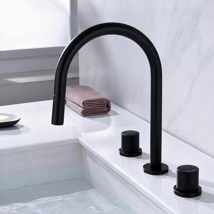 3 Hole Basin Faucets Pull Out Basin Mixer Faucet Bathroom Mixer Faucet 2 Mode Nozzle Hot and Cold Water Brass Double Handle-Black