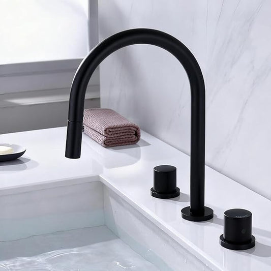 3 Hole Basin Faucets Pull Out Basin Mixer Faucet Bathroom Mixer Faucet 2 Mode Nozzle Hot and Cold Water Brass Double Handle-Black