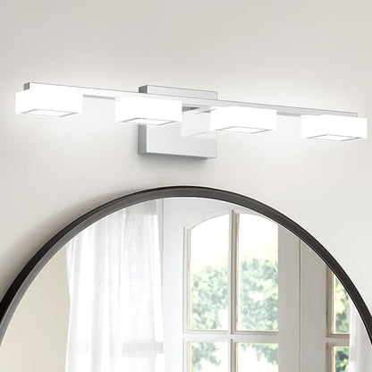 LED Modern Bathroom Light Fixtures Over Mirror, 4-Light Dimmable Vanity Lights, Chrome Acrylic Bathroom Vanity Light, 2700K-6500K Adjustable, ETL Certificated