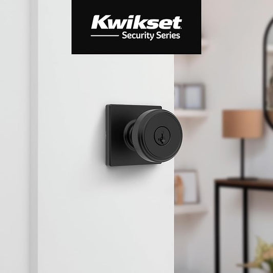 Kwikset Maven Entry Door Knob with Lock and Key, Secure Keyed Handle Exterior, Front Entrance and Bedroom, Matte Black, 4 Pack, Pick Resistant SmartKey Rekey Security and Microban