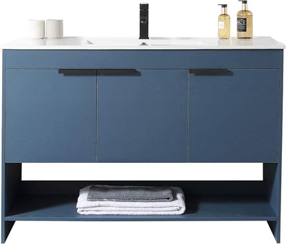 Phoenix 48 Inch Bathroom Vanity with Sink – Modern Design, Soft-Close Doors, Storage Drawers, Durable Build – Navy Blue Vanity for Small Bathrooms (Full Assembly Required)