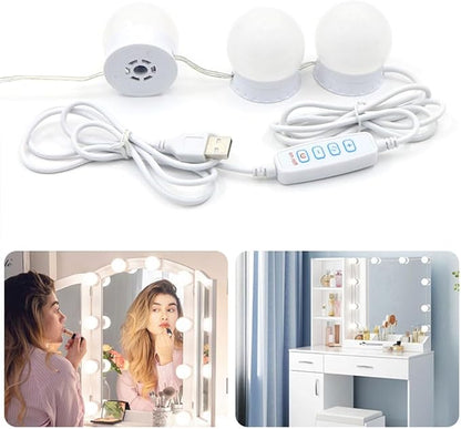 LED Vanity Lights for Mirror, Hollywood Style, 8 Lights | 10 Dimmable Bulbs, Adjustable Color & Brightness, USB Cable, Stick on for Makeup Table Dressing Room