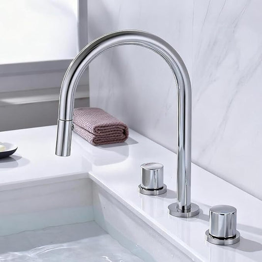 3 Hole Basin Faucets Pull Out Basin Mixer Faucet Bathroom Mixer Faucet 2 Mode Nozzle Hot and Cold Water Brass Double Handle-Chrome Plated