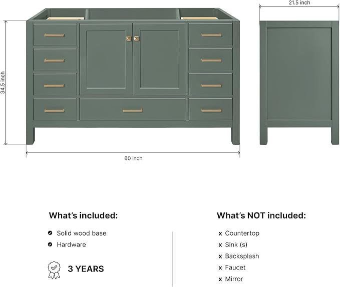 ARIEL Cambridge 60-inch Bathroom Vanity Base Cabinet,Solid Wood, 2 Soft Closing Doors, 9 Dovetail Drawers, Vintage Green