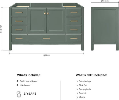 ARIEL Cambridge 60-inch Bathroom Vanity Base Cabinet,Solid Wood, 2 Soft Closing Doors, 9 Dovetail Drawers, Vintage Green