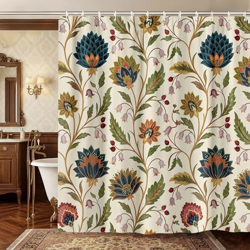 Vintage Floral Shower Curtain for Bathroom, Rustic Farmhouse Beige and Teal Sage Green Boho Botanical Shower Curtains, Retro Cottagecore Wildflower Aesthetic Bath Curtain Set with Hooks， 72 x 72 Inch