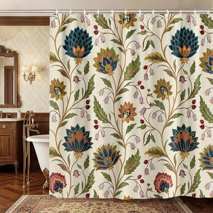 Vintage Floral Shower Curtain for Bathroom, Rustic Farmhouse Beige and Teal Sage Green Boho Botanical Shower Curtains, Retro Cottagecore Wildflower Aesthetic Bath Curtain Set with Hooks， 72 x 72 Inch