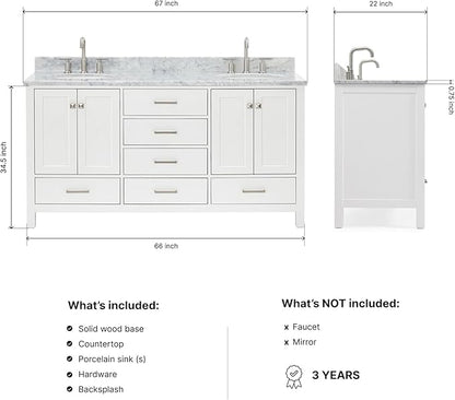 ARIEL Cambridge 66-inch Bathroom Vanity with Sink,Solid Wood, 0.75-inch Italian Carrara Marble Countertop & Backsplash, Double Oval Porcelain Sink, 4 Soft Closing Doors, 6 Dovetail Drawers, White