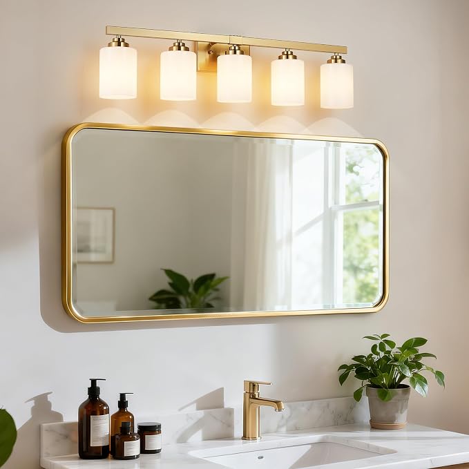 Bathroom Light Fixtures, Vanity Light Over Mirror Gold 5-Light Fixture | Modern bathroom vanity light fixture with metal frame, ideal for mirrors, bedrooms and hallways. Fits E26 bulbs.