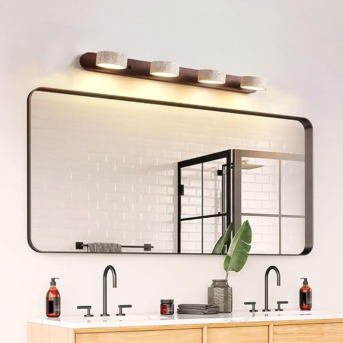 Yellow Travertine Vanity Light, 27.6" Wabi Sabi Modern Wooden Bathroom Light 360° Rotatable Natural Stone Lampshade Wall Lighting Fixture Over Mirror for Bathroom Farmhouse Home Decor (4 Lights)