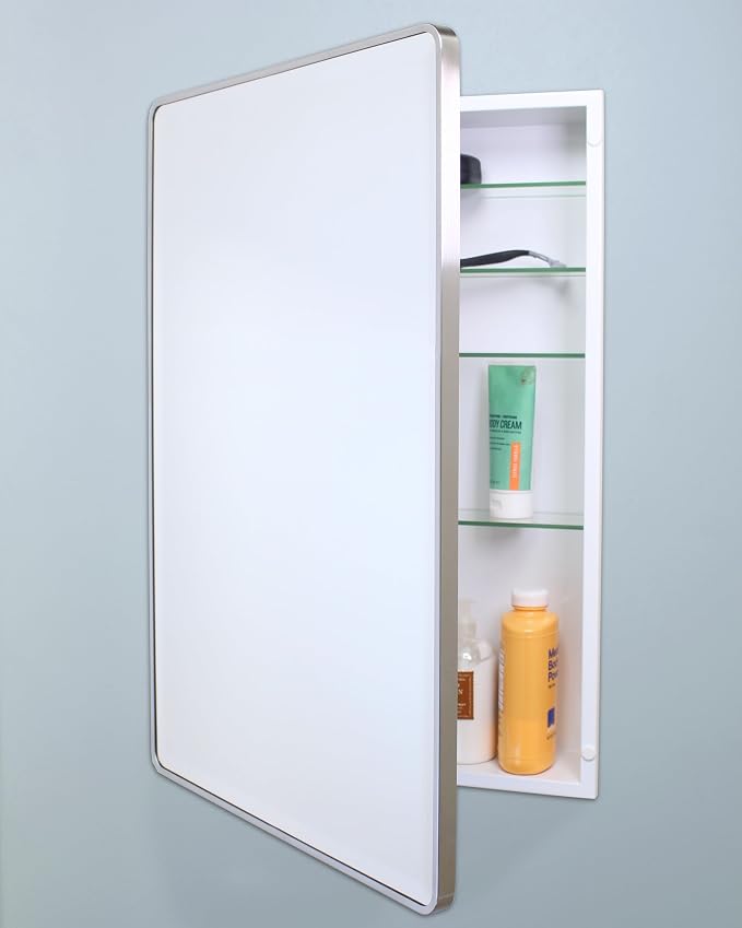 20x30 Austin Farmhouse Metal Framed Rounded Rectangle Recessed Bathroom Medicine Cabinet, Beveled Mirror, 18x28 in-Wall Opening, powder-coated Steel, Adjustable Glass Shelves, Brushed Nickel