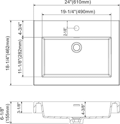 Dowell 24" Bathroom Sink,Single Bowl Vanity Basin,Rectangular Drop-In Bathroom Sink with Overflow,White-000 2418BP