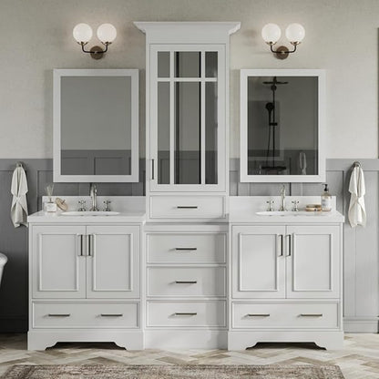 ARIEL Stafford 84-inch Bathroom Vanity with Sink,Solid Wood, 1.5-inch Pure White Quartz Countertop & Backsplash, Double Oval Porcelain Sink, 5 Soft Closing Doors, 6 Dovetail Drawers, White