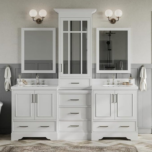 ARIEL Stafford 84-inch Bathroom Vanity with Sink,Solid Wood, 1.5-inch Pure White Quartz Countertop & Backsplash, Double Oval Porcelain Sink, 5 Soft Closing Doors, 6 Dovetail Drawers, White