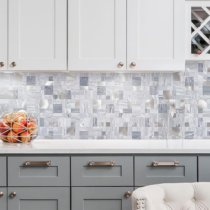 DICOFUN 1 Sheet Grey Marble Peel and Stick Tile Backsplash, Mixed Metal Silver Chips Kitchen and Bathroom Tiles, Stick on Backsplash for Stove