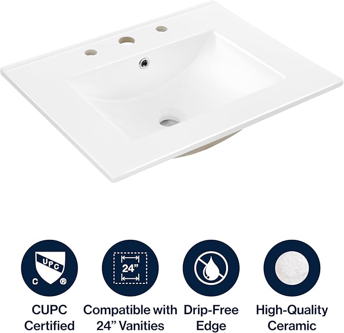 JONATHAN Y SNK1001A Ancillary 3-Hole 24 in. W x 18.25 in. D Classic Contemporary Rectangular Ceramic Single Sink Basin Vanity Top, White