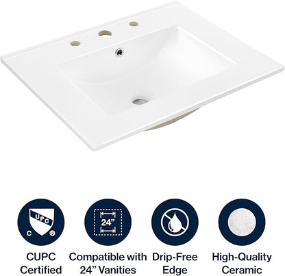 JONATHAN Y SNK1001A Ancillary 3-Hole 24 in. W x 18.25 in. D Classic Contemporary Rectangular Ceramic Single Sink Basin Vanity Top, White