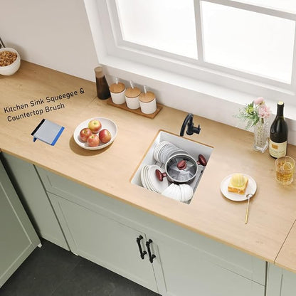 White Bar Sink Undermount, 13 x 13 Inch Granite Quartz | Small Kitchen Sink Granite Quartz Wet Bar Single Bowl Deep Basin and Mini Squeegee Combo