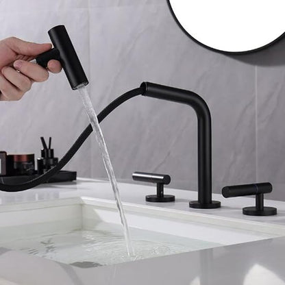 3 Hole Basin Faucets Pull Out Basin Mixer Faucet Bathroom Mixer Faucet Double Handle 2 Mode Brass-Black