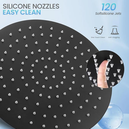12 inch Matte Black Rainfall Shower Head - All Metal Stainless Steel Full Body Round Rain Shower with 120 Silicone Nozzles
