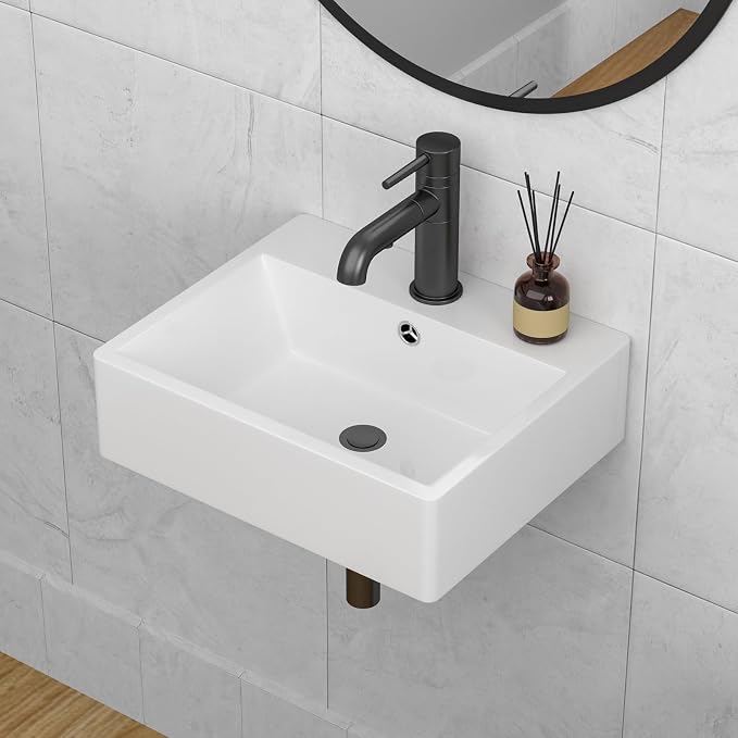 Wall Mounted Bathroom Sink 20"x17" Ceramic Floating Vessel Sink | Wall Hung Ceramic Bathroom Sink White Rectangular Wall Mount Wash Basin Porcelain Lavatory Sink