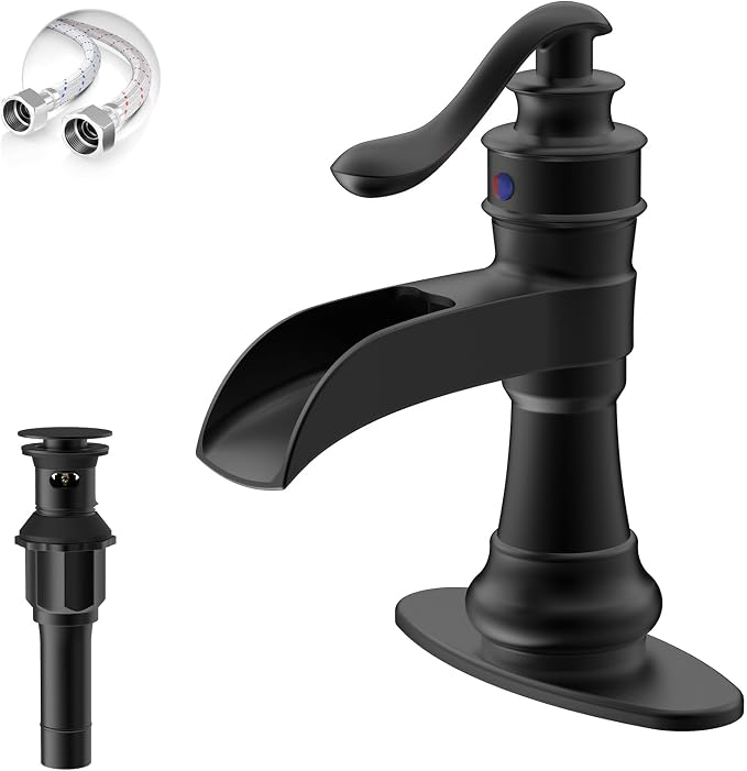 Matte Black Bathroom Faucet Waterfall Single Hole Bathroom Sink Faucet | Brass Single Handle Farmhouse RV Lavatory Vanity Faucet with Overflow Pop Up Drain by BATHLAVISH