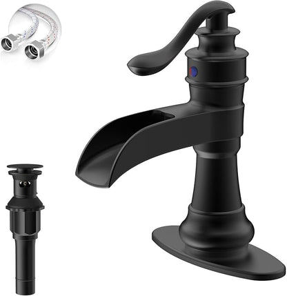 Matte Black Bathroom Faucet Waterfall Single Hole Bathroom Sink Faucet | Brass Single Handle Farmhouse RV Lavatory Vanity Faucet with Overflow Pop Up Drain by BATHLAVISH
