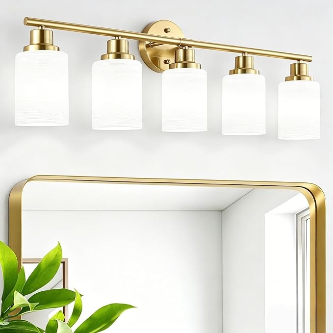 5-Light Vanity Lights, Brushed Gold Bathroom Light Fixture with Striped Textured Milky White Glass Shade, E26 Modern Vanity Lighting Fixture for Bathroom Wall Sconce Light Over Mirror