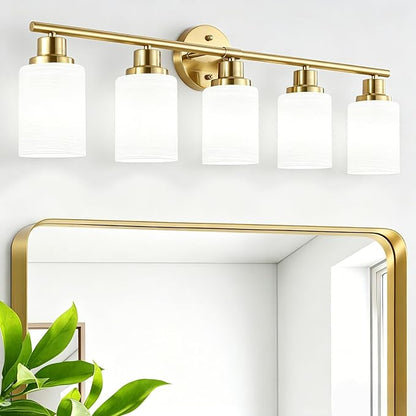 5-Light Vanity Lights, Brushed Gold Bathroom Light Fixture with Striped Textured Milky White Glass Shade, E26 Modern Vanity Lighting Fixture for Bathroom Wall Sconce Light Over Mirror