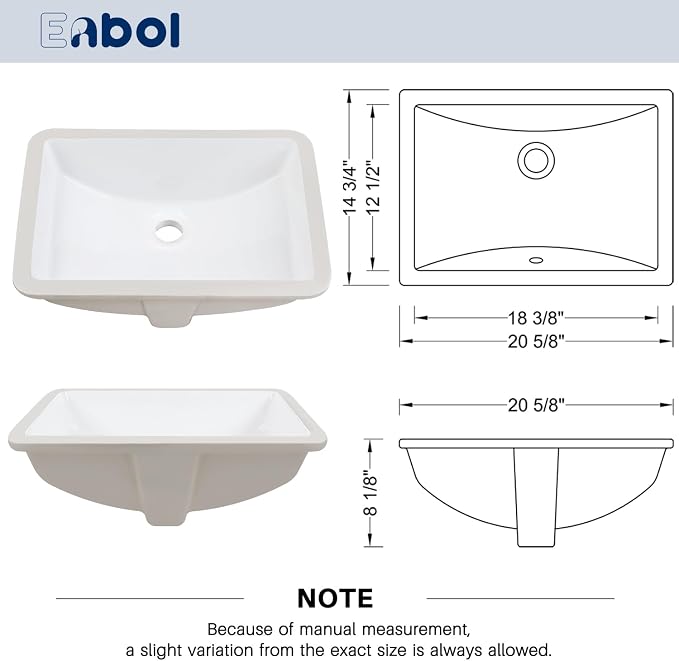Enbol Bathroom Undermount Sink White Rectangular Ceramic Sink for Bathroom with Overflow - ECU1812 Exterior: 20 5/8" x 14 6/8" x 8 1/8"