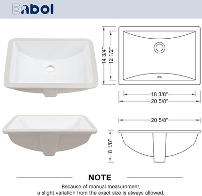 Enbol Bathroom Undermount Sink White Rectangular Ceramic Sink for Bathroom with Overflow - ECU1812 Exterior: 20 5/8" x 14 6/8" x 8 1/8"