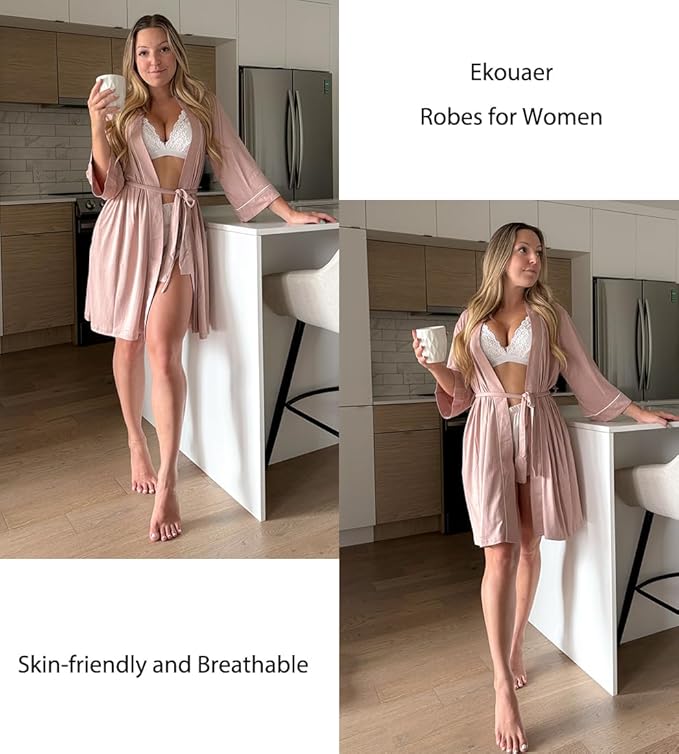 Ekouaer Women Kimono Robes Knee Length Knit Bathrobe Lightweight Soft Sleepwear V-neck Casual Ladies Loungewear