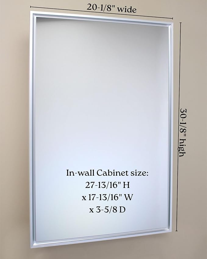 Fox Hollow Furnishings 20x30 Parker Metro Metal Framed Rectangle Recessed Bathroom Medicine Cabinet, Floating Mirror, 14x24 in-Wall Opening, Adjustable Glass Shelves, Magnet Close, Brushed Nickel