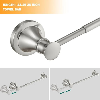 Hoimpro Brushed Nickel 4-Piece Bathroom Bath Set, Wall Mount Bathroom Hardware Fixture (Adjustable Towel Bar Rack, Towel Ring Holder, Paper Towel Holder, Double Towel Hook), Bathroom Accessories