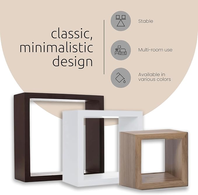 Kiera Grace Cubbi Floating Shelves, Modern Wall-Mounted Square Shelves for Bedroom, Bathroom, Kitchen, Easy to Hang, 5"/7"/9", , Set of 3