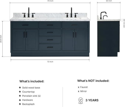 ARIEL Hepburn 72-inch Bathroom Vanity with Sink,Solid Wood, 1.5-inch Italian Carrara Marble Countertop, Double Rectangular Porcelain Sink, 4 Soft Closing Doors, 6 Dovetail Drawers, Midnight Blue