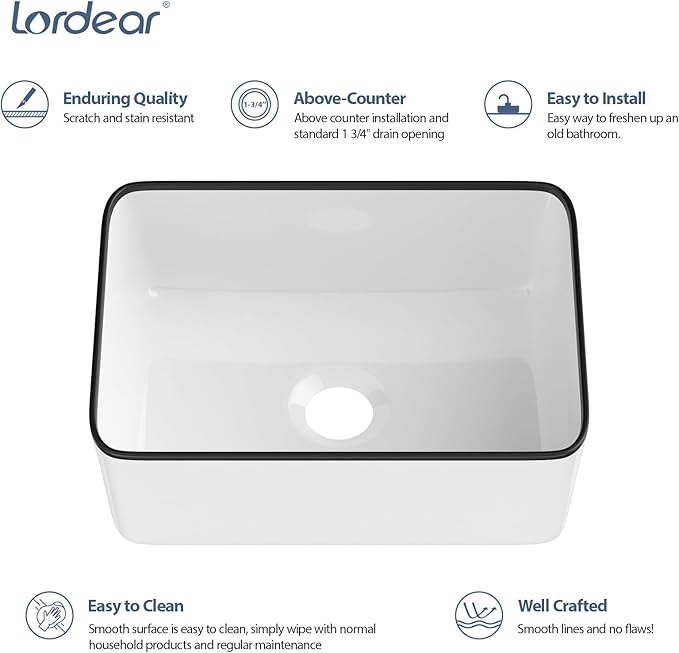Lordear Vessel Sink Rectangle 16 Inch Bathroom Sink Rectangular Modern Above Counter Bathroom Sink White 16x12 Inch Porcelain Ceramic Vanity Sink with Black Trim Art Basin