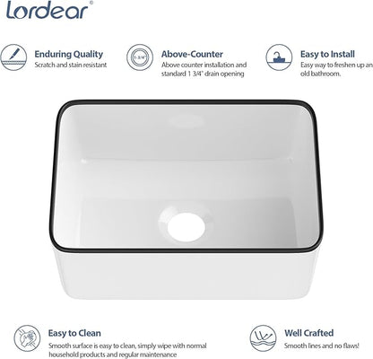 Lordear Vessel Sink Rectangle 16 Inch Bathroom Sink Rectangular Modern Above Counter Bathroom Sink White 16x12 Inch Porcelain Ceramic Vanity Sink with Black Trim Art Basin