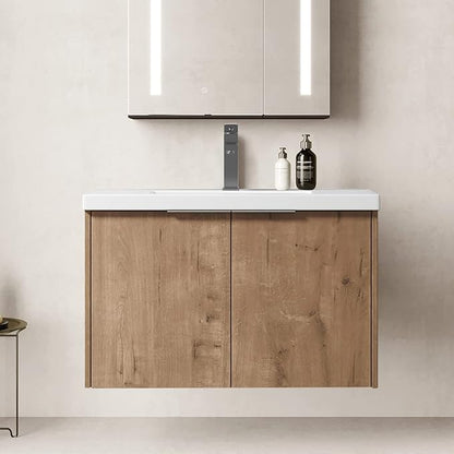 SSLine Wall Mounted Bathroom Vanity with Sink Combo Modern 30-Inch Single Bathroom Vanity Set with Top Basin &Storage Cabinet Wood Hanging Bath Cabinet w/Resin Sink for Small Space(Brown)
