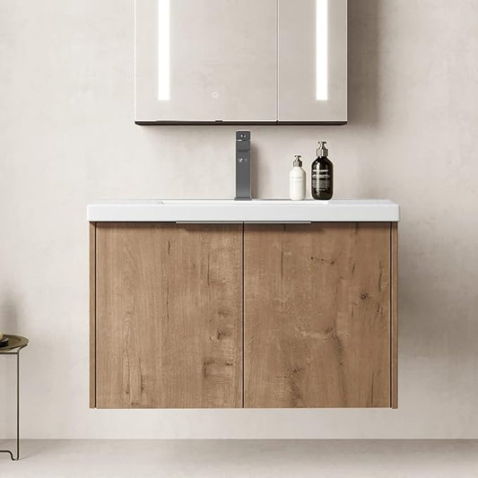 SSLine Wall Mounted Bathroom Vanity with Sink Combo Modern 30-Inch Single Bathroom Vanity Set with Top Basin &Storage Cabinet Wood Hanging Bath Cabinet w/Resin Sink for Small Space(Brown)