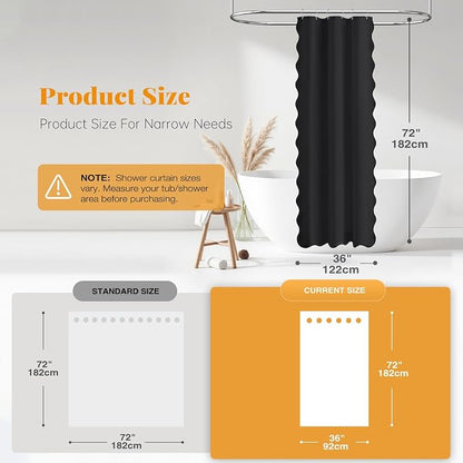 BTTN Stall Boho Scalloped Linen Textured Cloth Shower Curtain, 36x72, Black | Half Size, 230GSM Waterproof Polyester, Heavy Duty Fabric, 6 Plastic Hooks, Elegant Modern Farmhouse Style, Machine Washable