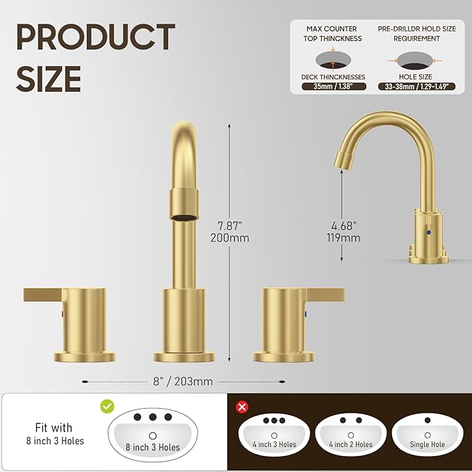 Phiestina Brushed Gold 3 Hole Widespread Bathroom Sink Faucet, 8 Inch Bathroom Faucet Set with Metal Pop UP Drain and Valve, WF15-1-BG