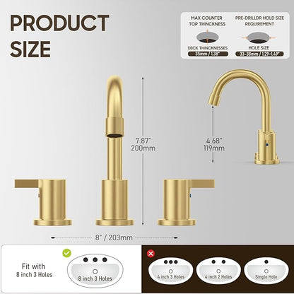 Phiestina Brushed Gold 3 Hole Widespread Bathroom Sink Faucet, 8 Inch Bathroom Faucet Set with Metal Pop UP Drain and Valve, WF15-1-BG
