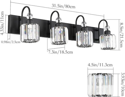 Ralbay Modern Black Vanity Light - 4-Light Crystal Bathroom Wall Light Fixtures in Matte Black