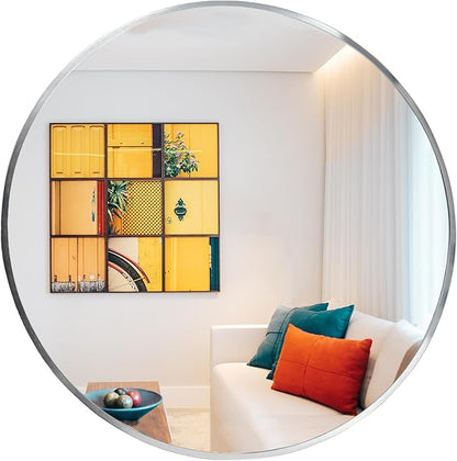 Round Mirror, 26 inch Silver Circle Mirror,Bruhsed Nickel Metal Frame | High Definition,Waterproof,Rust-resistant,Round Mounted Mirrors for Bathroom,Living Room,Bedroom,Hallyway,Vanity,Wall Décor